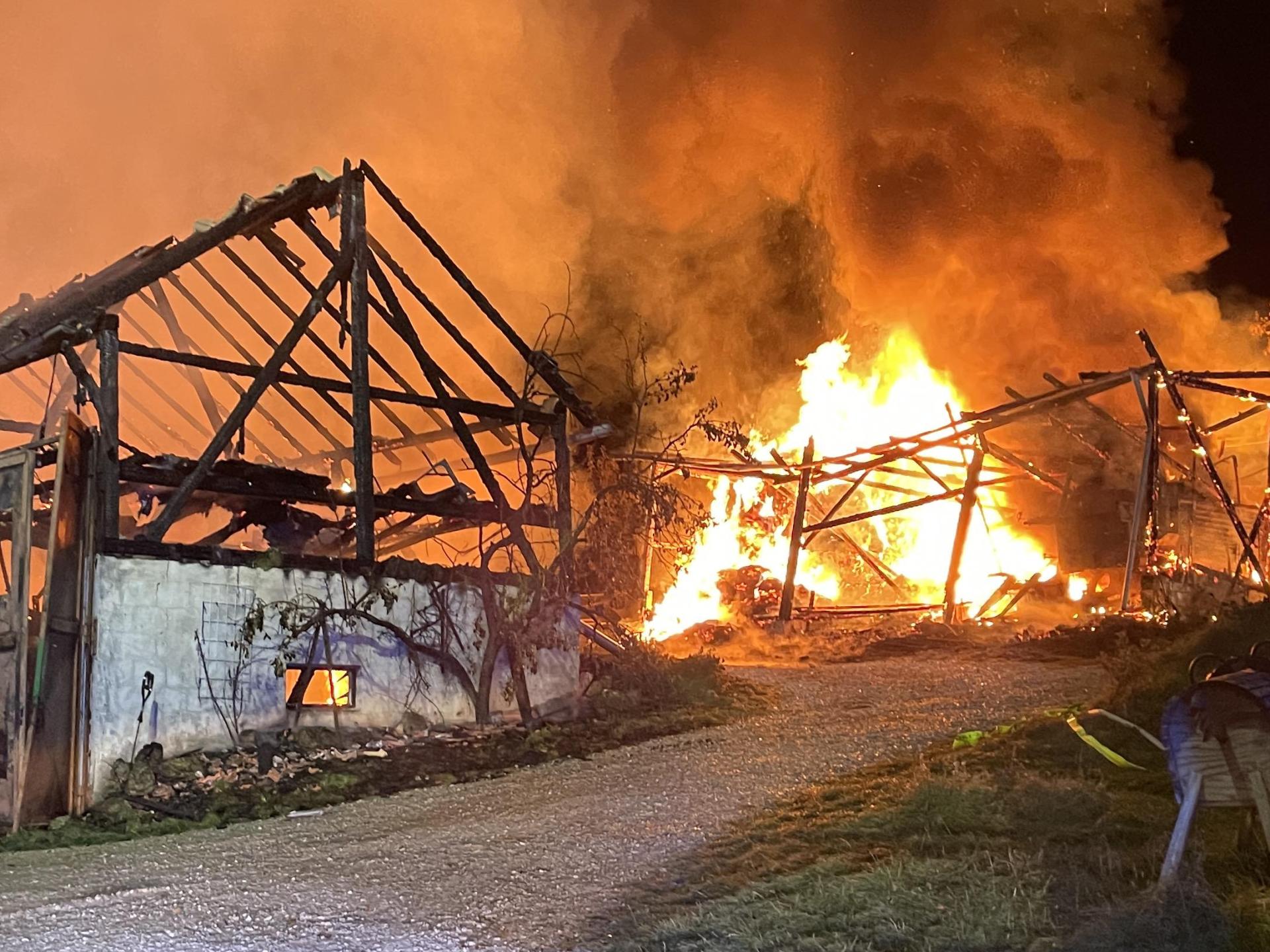 Bei Kastl im Landkreis Amberg-Sulzbach brannten in der Nacht auf Freitag zwei Stallungen nieder. (Bild: Kreisbrandinspektion Amberg Sulzbach)