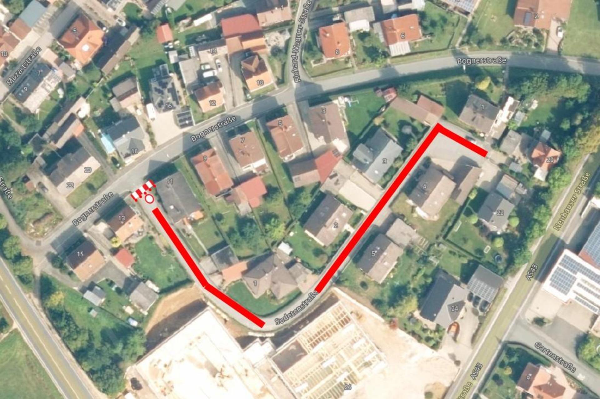 Die Sudetenstraße in Auerbach wird wegen Kanalsanierungsarbeiten bis zum 21. August gesperrt.  (Grafik: Stadt Auerbach)