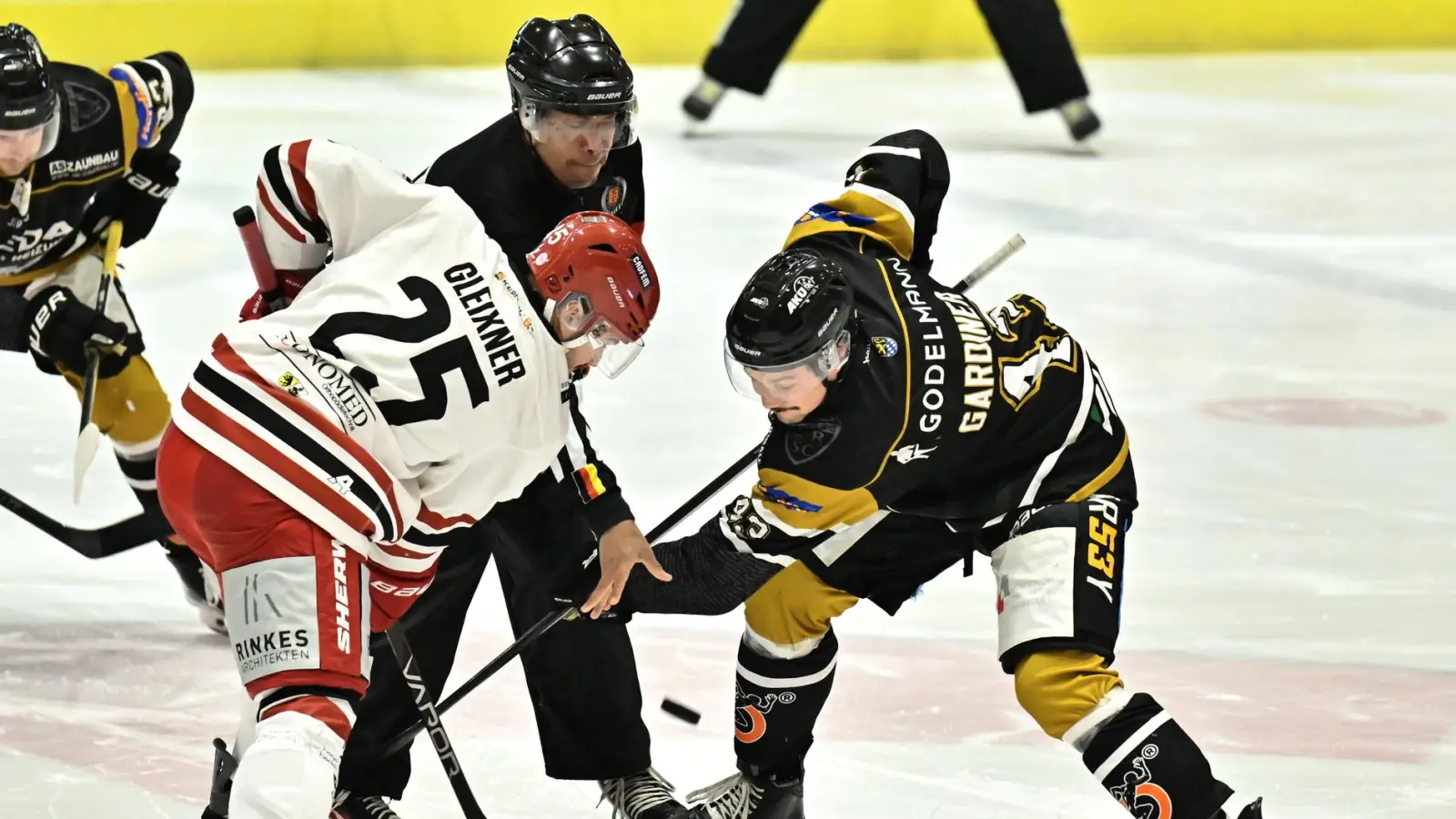 Nolan Gardiner (rechts, Szene aus einem früheren Spiel) und der ERSC Amberg musste auch in Schweinfurt eine herbe Niederlage hinnehmen. Die Partie gegen die Mighty Dogs endete mit 9:4 für die Gastgeber.  (Archivbild: Hubert Ziegler)