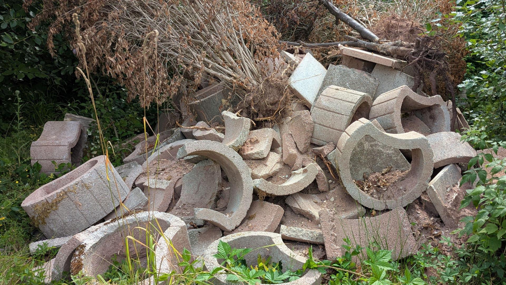 Pflanzsteine sowie vertrockneter Sträucher wurden im Industriegebiet Nord illegal entsorgt. Die Stadt Amberg bittet um Hinweise. (Bild: Ulrike Höcht)