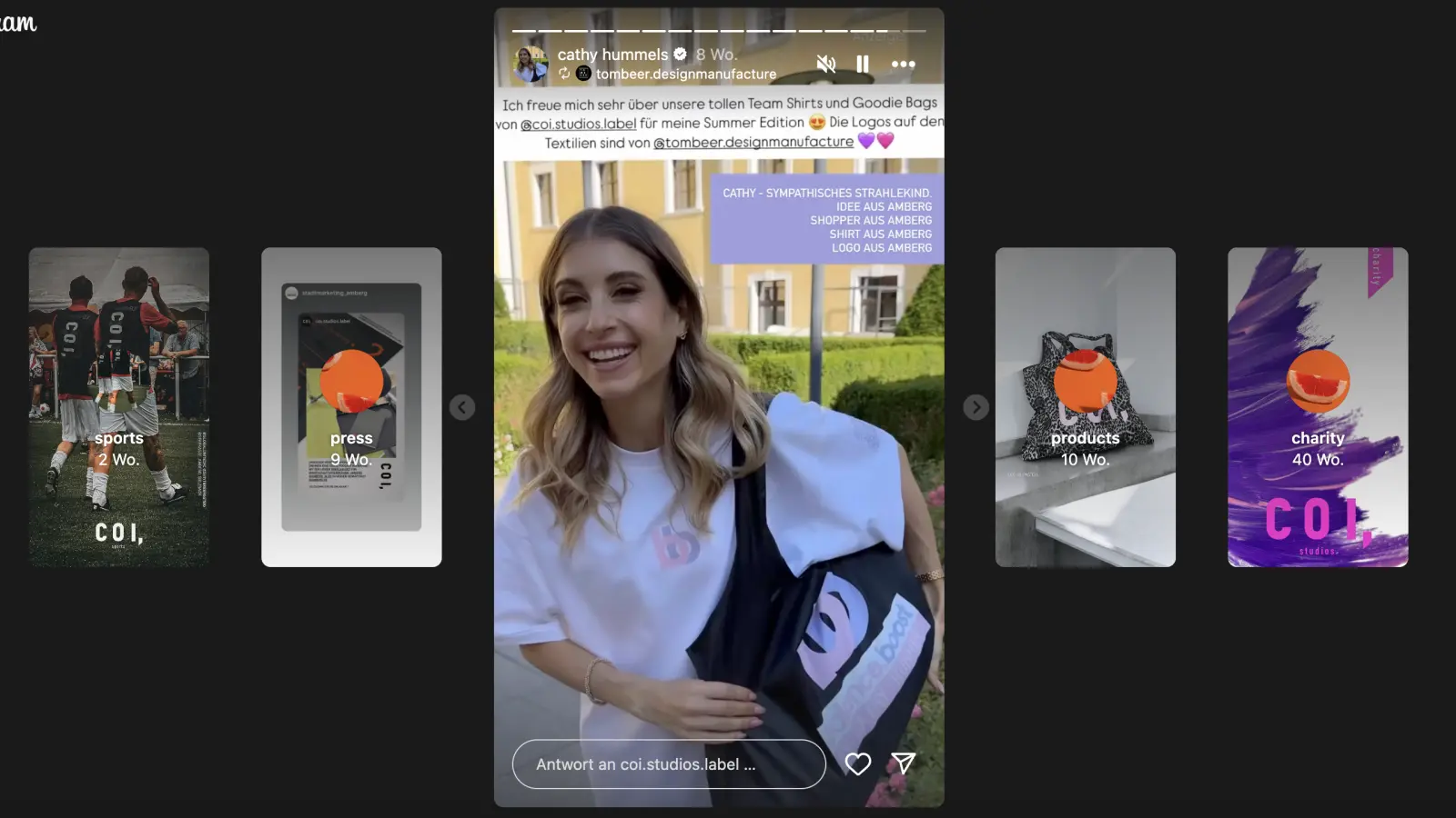 Cathy Hummels mit den von Tom Beer designten Taschen und Shirts für die „Balance Boost Days”. (Screenshot: instagram: cathyhummels)